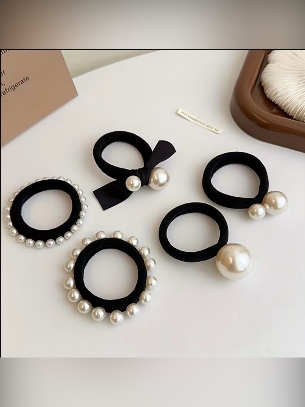 Black Pearl-Accent Hair Ties - Elegant Women’s Hair Accessories Set of 5 - Picture 2 of 2